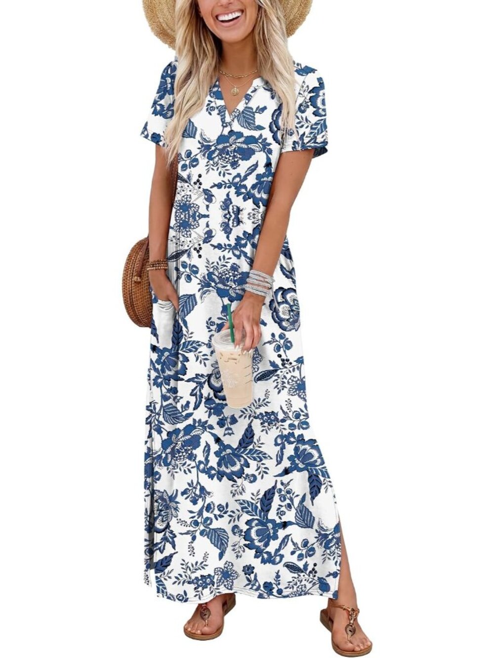 〽️Women's Blue Boho Summer Maxi Dress V-Neck Short Sleeve Beach Vacation Maxi